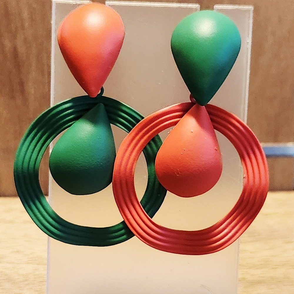 Green Orange Mismatched Geometric Teardrop Hoop Matte Drop Statement Earrings